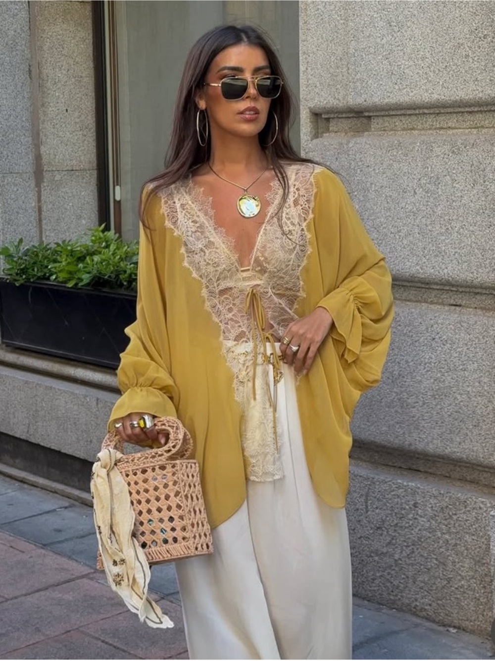 Zara new Lace-Trim Mustard Blouse - Women's V-Neck Top M-L